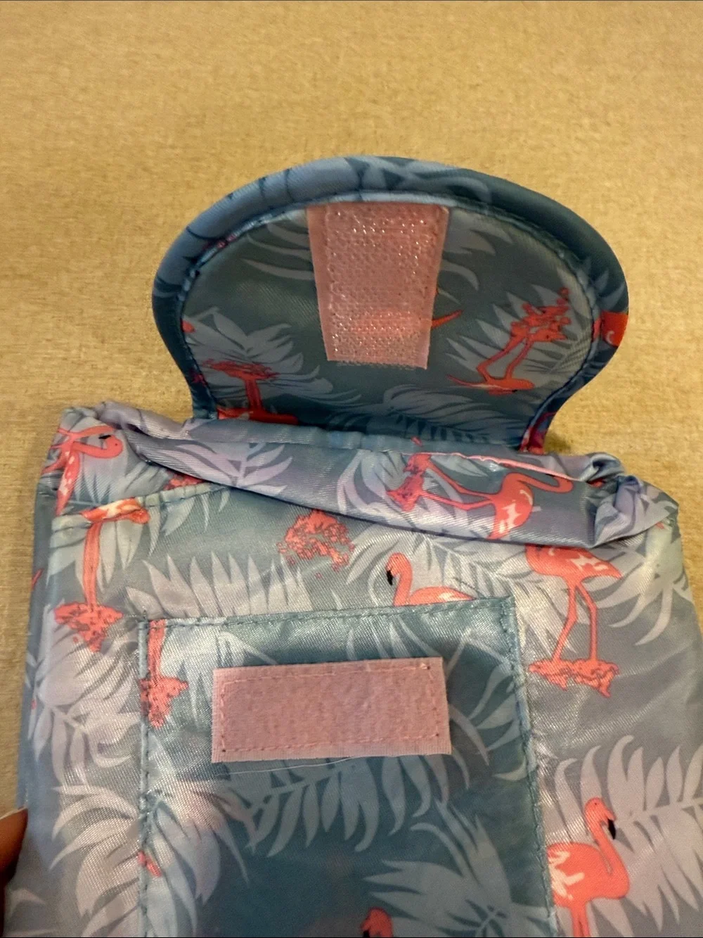 NWOT Bowlift Magical Cosmetic Bag! Flamingo Print Foldable Bag in Blue!